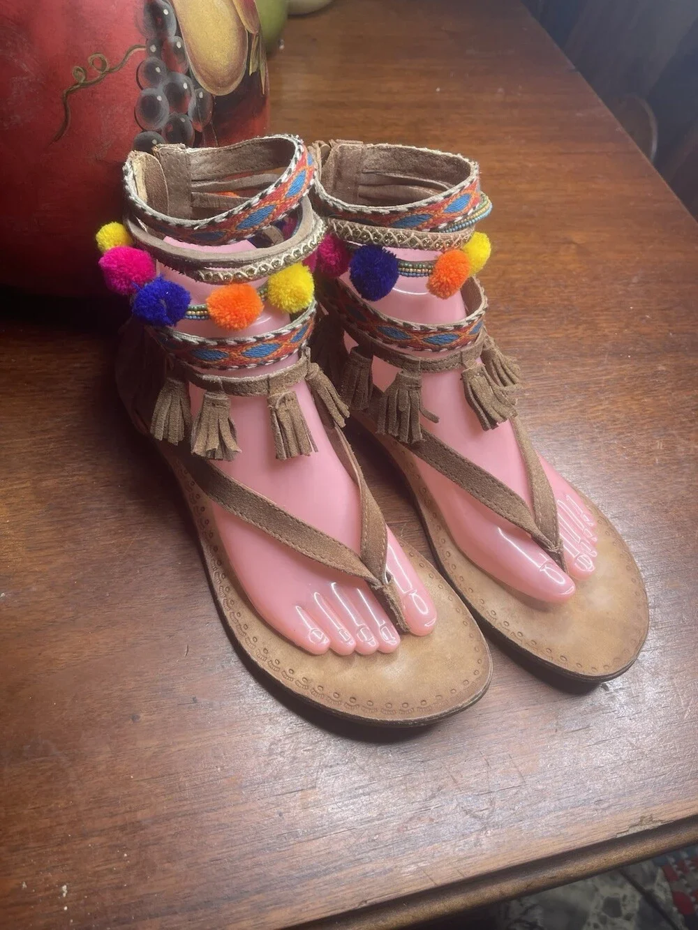 Naughty Monkey Seed Beaded Brown Suede T-Strap Gladiator Sandals Tribal Size 9M